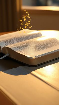 an open book sitting on top of a wooden table next to a window with sunlight streaming through it