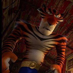 an animated tiger standing in front of a building