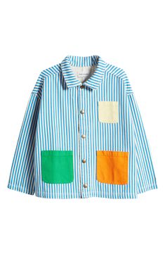 Colorblocked patch pockets lend a playful look to a striped jacket crafted from nonstretch denim that'll make your kiddo stand out in class. Front button closure Chest patch pocket; front patch pockets 100% cotton Hand wash, line dry Made in Portugal Playful Denim Jacket With Pockets For Fall, Blue Cotton Outerwear For School, Patchwork Cotton Outerwear For School, Blue Cotton Denim Jacket With Patch Pockets, Playful Blue Denim Jacket For Fall, School Cotton Patchwork Outerwear, School Patchwork Cotton Outerwear, Multicolor Cotton Denim Jacket With Pockets, Striped Cotton Outerwear With Pockets