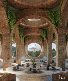 an artistic rendering of a circular room with plants growing on the walls and flooring