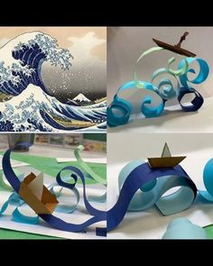 paper sculptures made to look like the great wave