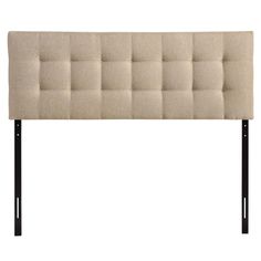 an upholstered headboard with metal legs and buttons on the top, in beige fabric