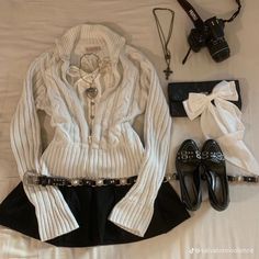 Fatal Frame Outfit, Fatal Frame Aesthetic, White Crochet Sweater, Jewelry Cross Necklace, Black Miniskirt, Belt Outfit, Aesthetic Heart, Outfit Ideas Fashion, Jewelry Cross