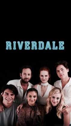 the cast of riverdale standing together in front of a black background with blue lettering