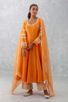 Shop for Devnaagri Orange Chanderi Anarkali Embroidered Palazzo Set for Women Online at Aza Fashions Orange Suits Women Indian, Chanderi Anarkali, Fancy Dress Material, Sheer Dupatta, Long Blouse Designs, Indian Kurti Designs, Chanderi Dupatta, Orange Suit, Indian Kurti