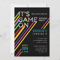 an image of a birthday party card with the text, it's game on