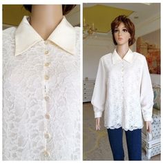 "womens blouse formal blouse ivory lace blouse ivory blouse casual Blouse Vintage fashion Blouse Classic blouse secretary blouse office blouse XL Please refer to photos for details of condition. Condition: very good vintage Measurements: Length: 68 cm/26.8\" Sleeve : 61 cm/ 24\" Shoulder to shoulder: 40 cm/15.8\" Bust: 110 cm/43.3 \" Waist 105 cm/41.3 \" Size XL note The color on the pictures may vary due to monitor settings and light reflections. Ready to ship Please do not hesitate to contact Victorian Shirt, Secretary Blouse, Edwardian Blouse, Pink Lace Blouse, Office Blouse, Classic Blouse, Victorian Blouse, White Ruffle Blouse, Blouse Casual Fashion