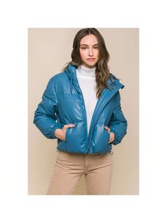 Introducing our PU Faux Leather Zipper Hooded Puffer Jacket in Azure-a bold and vibrant choice that seamlessly blends edgy design with cozy warmth. Elevate your outerwear collection with this fashion-forward piece, designed to make a statement wherever you go.

Key Features:
1. Fabric: Crafted from 100% Polyurethane, this faux leather jacket offers a sleek and modern aesthetic, ensuring durability and style.
2. Fit: The puffer style provides a comfortable and on-trend silhouette, making it a ver Trendy Hooded Outerwear With Double-lined Hood, Trendy Hooded Jacket For Winter, Urban Style Fall Puffer Jacket With Zipper, Trendy Hooded Winter Outerwear, Trendy Hooded Outerwear For Cold Weather, Trendy Hooded Jacket For Cold Winter Weather, Trendy Winter Puffer Jacket, Trendy Puffer Outerwear For Cold Weather, Trendy Puffer Jacket For Cold Weather