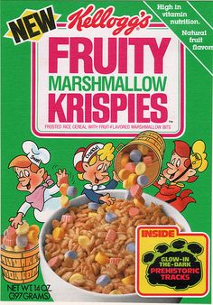 an old cereal box that is advertising fruity marshmallow krispies