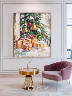 a painting hanging on the wall next to a chair and table in front of a christmas tree