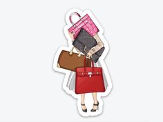 Handbag Lady Vinyl Sticker Includes 1 Handbag lady vinyl sticker - fashion lady holding an armful of fashion bags! Thick, durable vinyl protects your stickers from scratches, water & sunlight. Dishwasher safe.  Each sticker is printed on a thick, durable vinyl with a matte finish-giving the sticker a premium look & feel.  Sticker measures 3" x 1.64" Matching stationery, greeting cards, notecards, envelopes and other products available in our store; feel free to browse the different Sections. ets Fashion Lady, Brown Fashion, Red Brown, Labels & Tags, Fashion Handbags, Pink Red, Fashion Bags, Vinyl Sticker, Dishwasher Safe