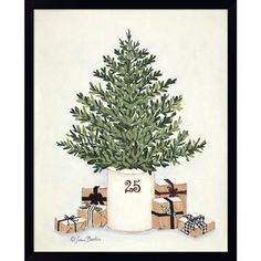 a painting of a christmas tree with presents under it and the number twenty five in front