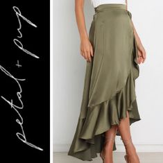 Wrap Style Skirt Maxi Length Thread Hole On Right Hip Attached Waist Tie High Low Hemline With Ruffle Detail Satin Feel Unlined Nwot Brand Tag Cut Out To Avoid Store Returns. Petal And Pup, Skirt Maxi, Style Skirt, Olive Color, Brand Tags, Waist Tie, Skirt Fashion, Wrap Style, High & Low