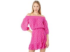 Lilly Pulitzer Rochelle Romper - Women's Jumpsuit & Rompers One Piece : Plumeria Pink Daiquiri Ditsy Rayon Clip : The Lilly Pulitzer Rochelle Romper is the perfect mix of vibrant color and feminine details. The off-the-shoulder neckline features smocked styling, while a flounced hem accents the skirted bottom. Lightweight with breathable material. Off-the-shoulder smocked romper with a flounced skirted bottom. Skims the body. Roomier fit. Daiquiri Ditsy Rayon Clip. 100% rayon. Hand wash, dry Summer Off-shoulder Smocked Dress With Ruffles, Casual Strapless Off Shoulder Dress With Ruffles, Casual Off Shoulder Strapless Dress With Ruffles, Casual Strapless Off-shoulder Dress With Ruffles, Feminine Ruffled Off Shoulder Dress, Off-shoulder Smocked Dress With Ruffles For Summer, Summer Off-shoulder Flowy Smocked Dress, Summer Off Shoulder Dress With Ruffle Hem, Flowy Off-shoulder Smocked Dress For Summer