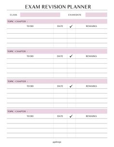 an exam planner for students to use in the classroom, with pink and white stripes