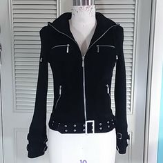 Real Suade Leather With Knit Combo, Hoodie. Motorcycle Style Zip Frony Jacket With Knit Mock Neck, Sleeves And Hood. Front Zipper Pockets. Suede Cuffs With Belt Details. Hip Belt. Purchased On A Fashion Buying Yrip To Shanghai. Never Worn, In Great Condition. Size 6, Bust 34", Waist 32, Length From Shoulder 22 1/2", Sleeve Length 25". Hip Belt, Motorcycle Style, Fashion Inspiration Design, Knit Hoodie, Shanghai, Front Zipper, Suede Leather, Motorcycle Jacket, Mock Neck