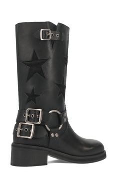 Celestial cutouts add a flash of playful style to a buckle-embellished moto boot that's destined for street-style stardom. 2" heel 12" shaft; 14" calf circumference Pull-on style Cushioned footbed Leather upper/textile lining/synthetic sole Imported Edgy Knee-high Moto Boots With Buckle Closure, Edgy Knee-high Moto Boots With Buckle, Edgy Leather Moto Boots With Grommets, Trendy Moto Boots With Studded Rubber Outsoles, Playful Style, Biker Boots, Nordstrom Store, Moto Boots, Anniversary Sale