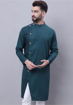 Pure Cotton Dobby Kurta in Teal Blue This Readymade attire is Enhanced with Buttons . Crafted in Band Collar Neck and Full Sleeve Do note: Bottom and Footwear shown in the image is for presentation purposes only. Half to one inch may vary in measurement. (Slight variation in actual color vs. image is possible) Vs Image, Man Weave, Utsav Fashion, Collar Neck, Band Collar, Thread Work, One Inch, How To Dye Fabric, Beautiful Saree