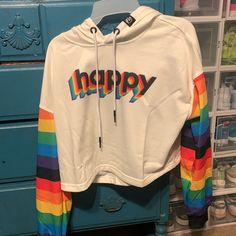 Fresh Hoods Gay Pride Crop Top Hoodie Size M. Nwt Casual Rainbow Tops For Winter, Casual Rainbow Top For Winter, Trendy Multicolor Hoodie With Letter Print, Trendy Multicolor Letter Print Hoodie, Multicolor Hooded Top With Letter Print, Rainbow Long Sleeve Hoodie For Winter, Rainbow Long Sleeve Sweatshirt For Winter, Rainbow Cotton Hooded Hoodie, Rainbow Long Sleeve Winter Hoodie