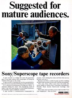 an advertisement for sony's superscope tape recorders with three men around it