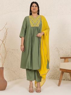 This is beautiful 3-piece set. The set comes with chinnon embroidered kurta has v neck, 3/4th sleeves and calf length teamed with solid flared palazzo pants and a chiffon dupatta with lace border. 3-piece set Color-Olive Green & Yellow Work - Yoke Embroidery Detailing Kurta Fabric-Chinnon Bottom Fabric - Chinnon Dupatta Fabric - Chiffon Kurta Length - 47 inch Sleeves- 3/4th Sleeveless Neck-V Neck Bottom Length - 37 inch Dupatta Length - 2.25 meter Care-Dry Clean or Hand wash Chiffon Kurta, Yoke Embroidery, Flared Palazzo, Embroidered Suit, Formal Jewelry, Embroidery Detailing, Chiffon Dupatta, Lace Border, Churidar