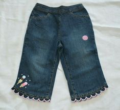 NWT Gymboree Ice Cream Social denim capris pants. Pull on style with elastic back waistband..  Features embroidered ice cream cones at the bottom hem of one leg. Cute front and back pockets.  Choose from the size selections listed above.   A different size may be pictured to save picture-taking time. Check out all the matching items in my ebay store Payment is expected within 7 days.  Serious bidders only.  Non-paying bidders will be reported to ebay. Free shipping and handling within the U.S. o Blue Cotton Bottoms With Patches, Blue Denim Capri Bottoms, Girls Capri Pants, Toddler Girl Pack Jeans, Gymboree Girl Outfits, Denim Capris, Scallop Hem, Ice Cream Social, Gymboree Girl