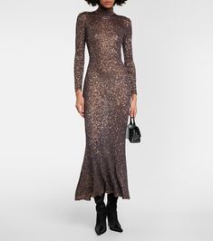 Sequined Metallic Knit Maxi Dress in Brown - Balenciaga | Mytheresa Winter Cocktail Maxi Dress, Stretch Polyamide Dress For Night Out, Fitted Maxi Dress For Evening In Fall, Evening Long Dress For Winter, Long Evening Dress For Winter, Long Evening Dress For Winter Season, Winter Evening Maxi Dress, Winter Evening Full Length Maxi Dress, Polyamide Bodycon Dress For Party