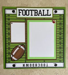 a green and white football themed photo frame with a ruler on the side that says football