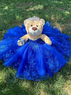 a teddy bear wearing a blue dress in the grass