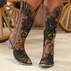 Women's Boots Cowboy Boots Plus Size Work Boots Outdoor Daily Embroidered Mid Calf Boots Winter Embroidery Block Heel Chunky Heel Pointed Toe Vintage Fashion Minimalism Faux Leather Zipper Blue Brown 2024 - $57.99 Boots Decor, Brown Western Boots, Cute Cowgirl Boots, Embroidery Boots, Cowboys Boots, African Shoes, Bota Country, Cute Cowgirl, Mid Heel Boots