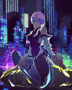 an anime character sitting on the ground with city lights in the background