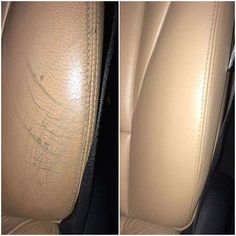 before and after photos of car seats with leather upholsters that have been scratched off