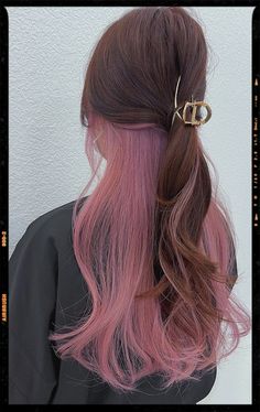 Hair Color Idea - Long Dark Brown Hair with Pink Peekaboo Pink In The Back Of Hair, Underlayer Peekaboo, Peekaboo For Brown Hair, Colors To Dye Dark Brown Hair, Best Colors To Dye Brown Hair, Brown Hair With Hair Dye, Black Hair With Dyed Underneath, Good Colors To Dye Brown Hair, Hair Dye Underlayer