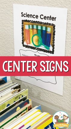 science center signs with books and folders in front of the sign that says science center