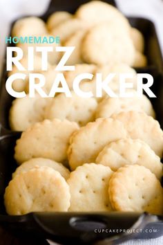 homemade ritz cracker cookies in a baking pan with text overlay that reads homemade ritz cracker