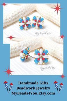 Red White Blue Beaded Post Earrings, Patriotic Jewelry, Seed Bead Stud Earrings 4th of July Holiday Decorations, Gift for Her Birthday - Etsy Blue Earrings With Spacer Beads For Gift, Blue Earrings For Christmas Gift, Patriotic Handmade Beaded Earrings As Gift, Seed Bead Stud Earrings, Beaded Earrings For 4th Of July Gift, Blue Patriotic Beaded Earrings As Gift, Handmade Patriotic Beaded Earrings, Handmade Blue Patriotic Earrings, Bead Stud Earrings