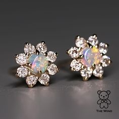 Classic Halo Design Australian Opal & Diamonds Stud Earrings 14K Yellow Gold This design uses 1.5mm diamonds to enhance the beauty of the opals and bring extra shine to the earrings. Free Domestic USPS First Class Shipping! Free One Year Limited Warranty! Free Gift Bag or Box with every order! Opal—the queen of gemstones, is one of the most beautiful and rarest gemstones on earth. Every piece of opals has its colors and patterns, which is perfect for designers to create unique engagement rings f Opal Earrings For Wedding, Fine Jewelry Opal Earrings For Anniversary, Opal Earrings For Anniversary - Fine Jewelry, Anniversary Opal Earrings Fine Jewelry, Rarest Gemstones, Jewelry For Couples, Promise Jewelry, Australian Black Opal, Opal Birthstone