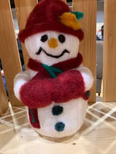 a stuffed snowman sitting on top of a wooden table