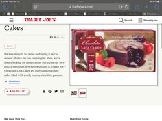 a web page for trader joe's cakes with an image of a cake on it