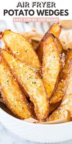 air fryer potato wedges in a white bowl