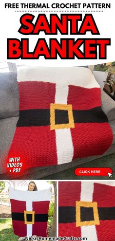 Get cozy this holiday season with a FREE thermal crochet Santa Belt blanket pattern! This festive and cozy design features a thick, warm texture thanks to the thermal stitch, perfect for chilly winter nights. The classic red, black, and gold Santa belt motif adds a playful touch, making it a fun, festive project for any crocheter. Ideal for gifting or adding a holiday charm to your home decor! #Christmascrochet #Christmas #thermalcrochet #crochet #nickishomemadecrafts Crochet Santa Blanket Free Pattern, Crochet Santa Blanket, Thermal Crochet Stitch, Thermal Crochet, Santa Blanket, Thermal Stitch, Christmas Afghan, Santa Belt, Christmas Crochet Blanket