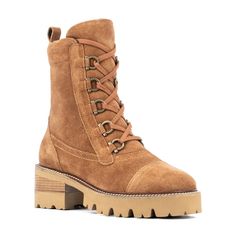 These luxury lace-up boots boast a timeless silhouette with a bold design. Crafted from high-quality suede, they feature d-rings for a secure closure, a lug sole for added traction and a softly square toe. Lug Sole Booties, Target Clothes, Shoes Boots Ankle, Closed Toe Shoes, Timberlands Women, Waterproof Boots, Lug Sole, Boot Shop, Platform Heels