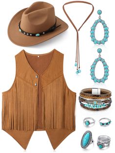 PRICES MAY VARY. Western Cowgirl Costume: this woman cowgirl outfit includes 1 tasseled sleeveless vest, 1 cowgirl hat, 1 turquoise necklace, 1 bracelet, 1 pair of earrings and 4 turquoise rings, western style combination enough to meet your decoration needs Fringe Suede Vest: the fringe outfit for women is mainly made of artificial suede fabric, soft and breathable, classic, easy to match western pattern T-shirt, to create a casual style; The vest is available in different sizes, including larg Womens Western Costume, Plus Size Western Wear Rodeo, Pkus Size Western, Plus Size Womens Western Wear, Pluz Size Western, Cowgirl Overalls, What To Wear To A Country Concert Fall Plus Size, Cowgirl Country Outfits, Western Style Womens Clothing