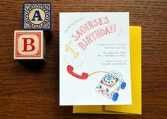 a birthday card with the letter b on it next to a rubber block and stamp