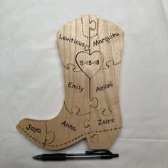 a piece of wood that has been cut out to look like a boot with the names of different parts on it