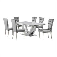 an image of a dining room set with white table and grey upholstered chairs