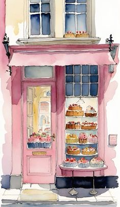 a watercolor painting of a bakery with cupcakes on display in the window