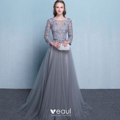 Illusion Grey Evening Dresses 2018 A-Line / Princess Scoop Neck Long Sleeve Appliques Lace Beading Sash Court Train Ruffle Backless Formal Dresses Best Evening Dresses, Cheap Evening Gowns, Evening Gowns Online, Simple Evening Dress, Backless Formal Dresses, Grey Evening Dresses, Burgundy Evening Dress, Glamorous Evening Dresses, Silk Evening Dress