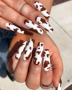 Cow Print Nails, Nails Acrylic Almond, Brown Acrylic Nails, Brown Nails Design, Country Nails, Cow Nails, Nails Brown, Brown Cow, Print Nails