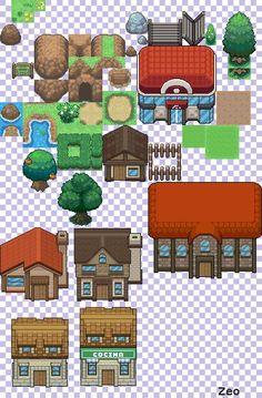 the pixel style map with different buildings, trees and other things to see in it